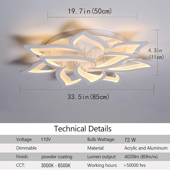 Garwarm 33.5" Modern LED Low Profile Flush Mount Ceiling Light, Dimmable | White Acrylic Flower Petal Ceiling Light with Remote, 3000K-6500K for Living Room,Primary Bedrooms, Dining Room,Home Office
