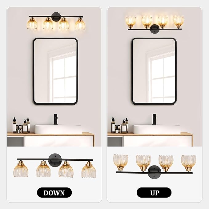 TALOYA Black Gold 4-Light Bathroom Vanity Light with Amber Tulip GlassShade | Modern Vanity Lighting Fixtures, Bathroom Lights Over Mirror, Wall Mount Mirror Light Fixtures for Bathroom Hallway Bedroom