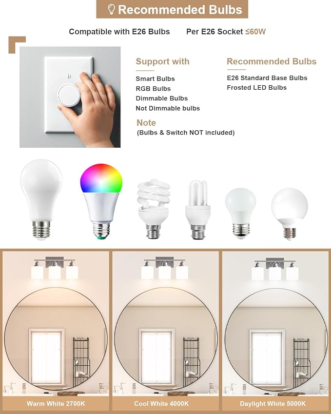 Bathroom Light Fixtures Over Mirror, 3-Light Vanity Lights Brushed Nickel, Modern Bathroom Vanity Light, Glass Shade & Anti-Rust Nickel Finished, Bathroom Light for Small Space