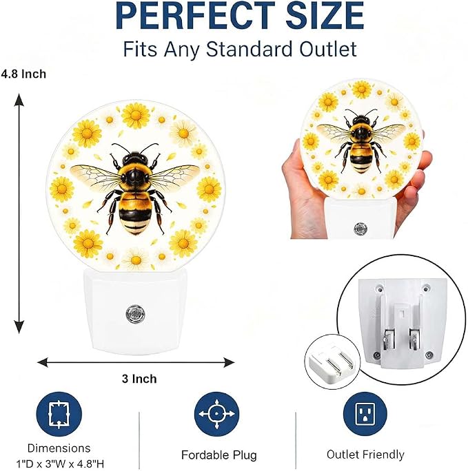 Nightlight Honey Bee Plug-in Night Lights Dusk to Dawn | Sweet Yellow Night Light LED Round Lamp with Auto on/off Sensor for Kitchen Hallway Bedroom Bathroom