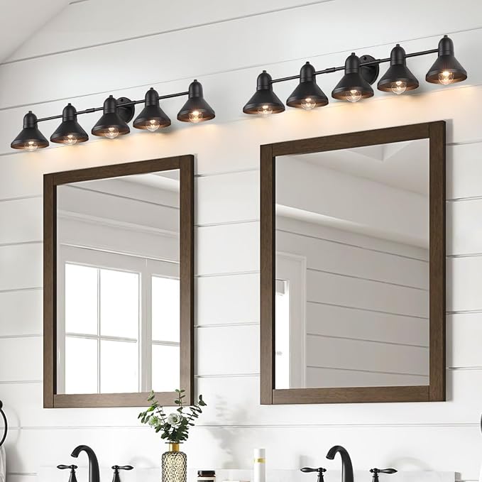 Bairth Bathroom Light Fixtures,5-Light Black Metal Vanity Light Over Mirror | Farmhouse Rustic Industrial Bathroom Vanity Light, Modern Bathroom Lights with Metal Shade for Living Room Cabinet Hallway