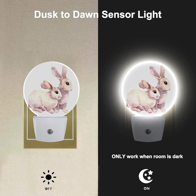 EKOBLA White Rabbit Night Lights Plug into Wall Easter Bunny Ears Night Light Auto Sensor LED Round Lamp for Boys Girls Women Happy Easter Gifts