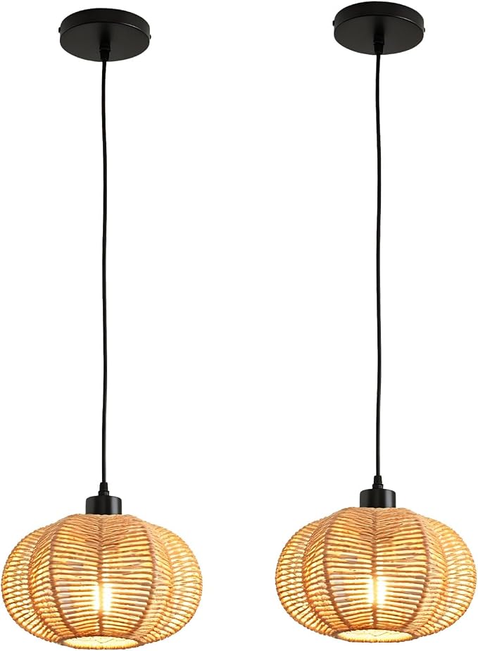 Woven Pendant Light Boho Chandelier, Rattan Pendant Lights Kitchen Island, Farmhouse Pendant Lighting with Hand Woven Wicker Shade, Boho Chandelier Light Fixtures Ceiling Hanging Light