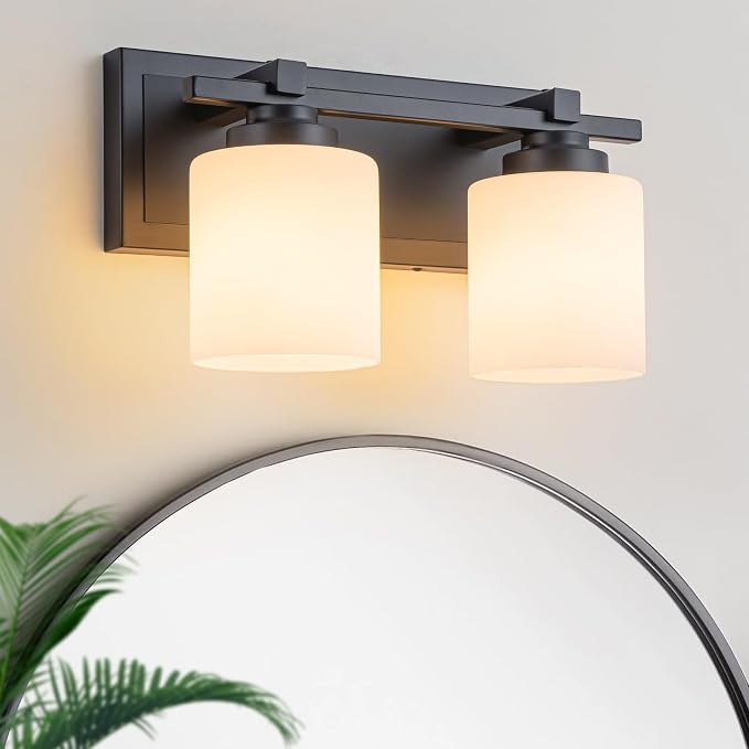 Modern Bathroom Light Fixtures Over Mirror, Vanity Lights for Bathroom Wall Sconces with Milky White Glass Shades, E26 Socket (Bulbs Not Included), 2 Light, Black