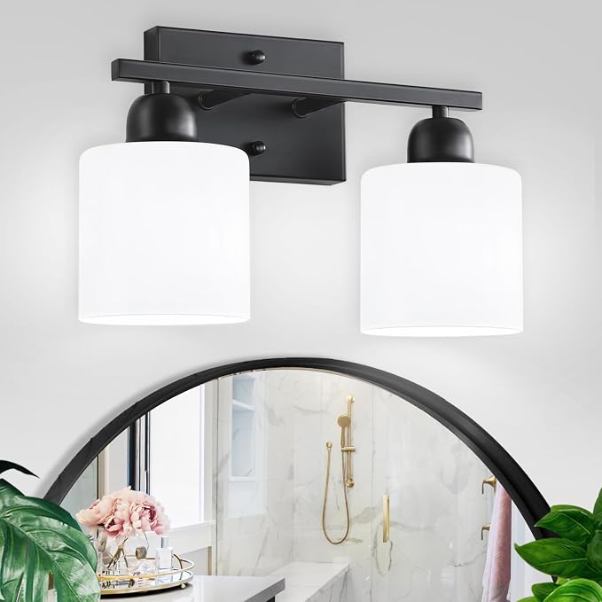 Bath Vanity Lights for Mirror, Restroom Lights Fixtures with Milky White Frosted Glass Shades,Bathroom Over Sink Light Fixtures (Black & Milky White Glass, 2-Light)