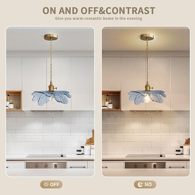 Vintage Glass Pendant Light Gold Brushed Brass Hanging Light with Blue Flower Glass Shade, Farmhouse Pendant Lighting for Kitchen Dining Room Bedroom, 1-Light