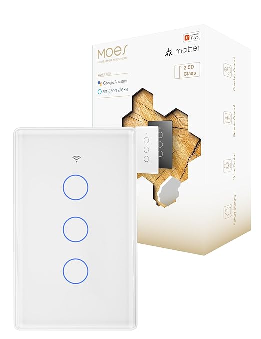 MOES Matter Smart Light Switch, 2.5D Glass Touch, Alexa & Google, 3 Gang | Premium 2.5D Glass Panel, Matter WiFi, Apple Home, Alexa Google SmartThings, Touch Control, Timer Schedule, Neutral Wire 10A