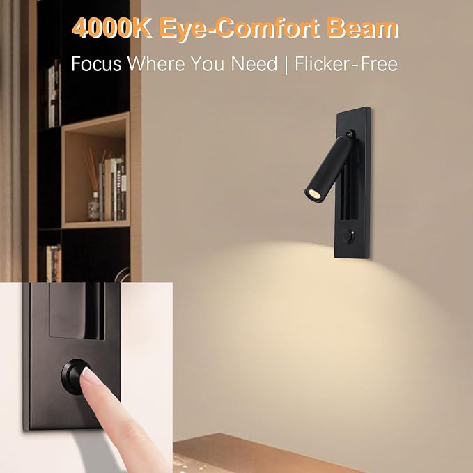 Set of 2 Led Headboard Wall Light, 350°Rotation Portable Plug in Wall Sconce Hardwired, Bedside Reading Light Recessed Push Switch, Hotel Bed Side Decor Wall Sconces Spotlight (Matt Black)