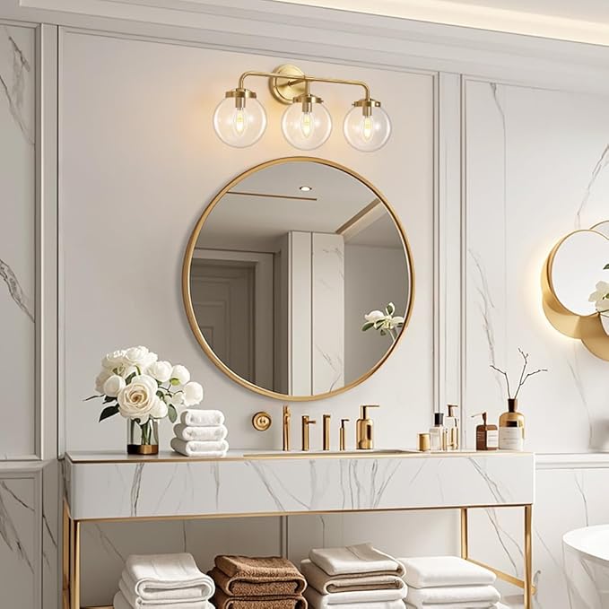 Gold Bathroom Vanity Light Fixtures Over Mirror, Modern Brass 3 Lights Wall Sconce Lighting with Transparent Glass Ball Shade, Mid Century Farmhouse Vanity Lights