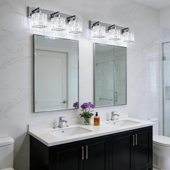 Brushed Chrome Crystal Bathroom Vanity Light, 3-Light Modern Bathroom Lighting Fixtures Over Mirror,Chrome Wall Sconce Light Fixtures with Square Shade