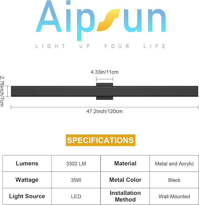 Aipsun 2 Packs Outdoor Wall Sconce, 3000K 4000K 6000K, 47.2in Modern Black Exterior Light, Long LED Linear Wall Light Outside Lighting for Entrance, Hallway, Garage, Porch(3CCT)
