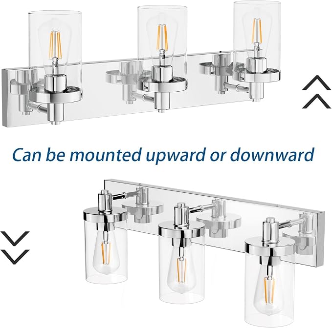 Aipsun Chrome Vanity Light for Bathroom 3 Light Farmhouse Bathroom Lights Fixtures Over Mirror with Clear Glass Shade(Exclude Bulb)