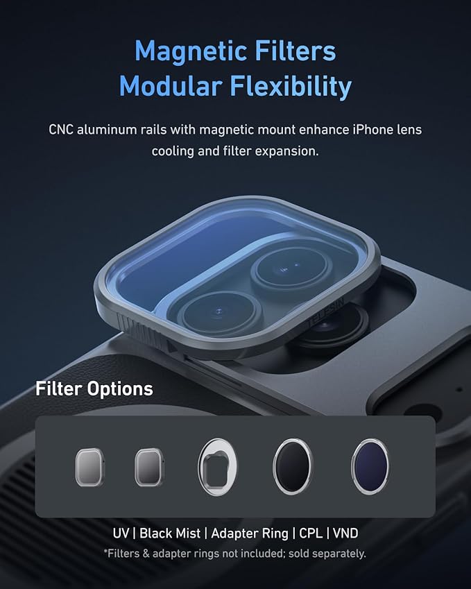 【For iPhone 17 Pro Only】TELESIN Master Grip Kit, Magnetic Phone Camera Grip Powergrip with C03 Selfie Light+ UV Filters, Creator Kit Built-in 3200mAh Battery Wireless Charging - Cooling Graphene Case