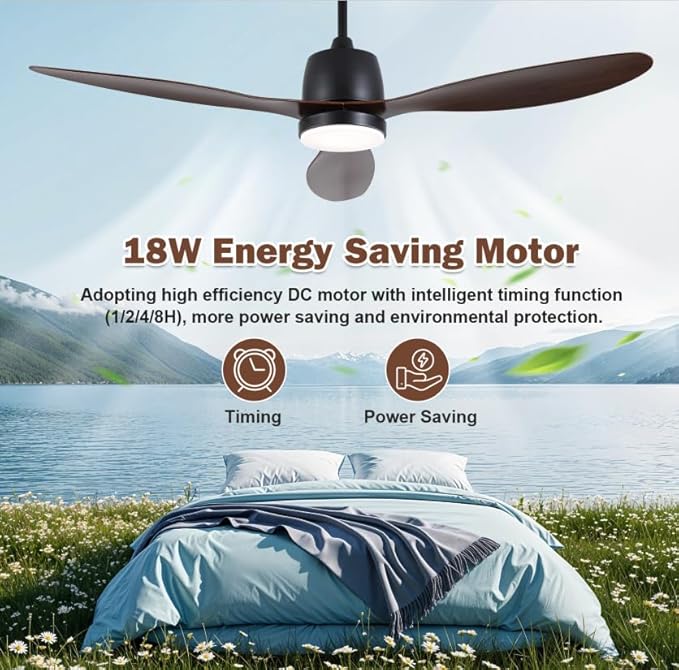 52-Inch Ceiling Fan with Light: Modern Indoor Black Ceiling Fans, App/Remote Control, 6-Speed Reversible Quiet DC Motor, for Bedroom Kitchen Living Room
