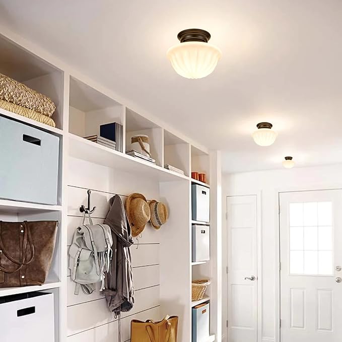 Black Schoolhouse Light Fixture Ceiling, 9 Inch Hallway Semi Flush Mount Ceiling Lighting, White Milk Glass Ceiling Lights Mid Century for Bedroom, Kitchen, Entryway