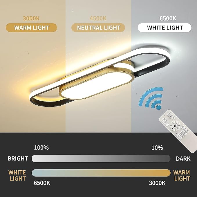 Tioolo Modern LED Flush Mount Ceiling Light, Dimmable with Remote, 27.5in | 3000K-6500K Linear Ceiling Light Fixture, Black Gold Acrylic Ceiling Lamp with Memory for Kitchen, Living Room, Bedroom, 40W