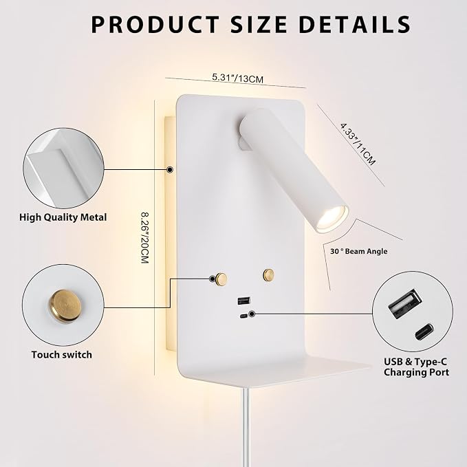 ZEROUNO Touch Dimmable Wall Mounted Reading Light Set of 2, Plug in Bedroom Bedside Lamp Wall Mount Sconce, White Corded Headboard Reading Lamp with USB C+A Charging Ports for Bed Side Room