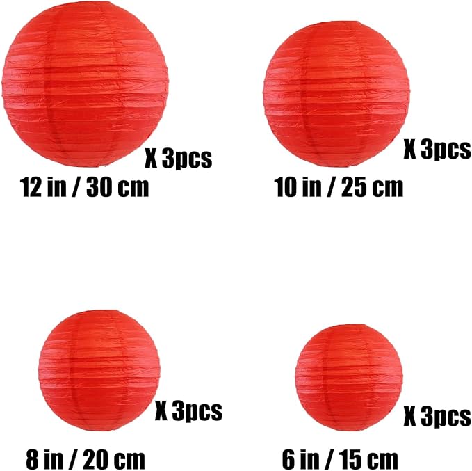 12Pcs 6,8,10,12 Inch Mixed Sizes Red Paper Lanterns Decorative Chinese, Japanese Hanging Round Paper Lanterns Lamp for Birthday, Wedding, Christmas, Bridal, Home Decor, Party Decoration