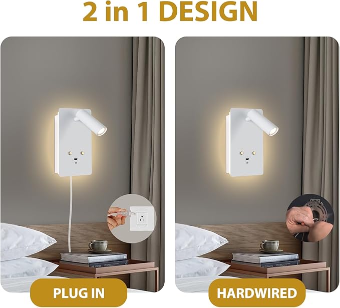 ZEROUNO Wall Mounted Reading Light Set of 2,Dimmable Adjustable Headboard Plug in Wall Sconce with USB A+C Ports,Touch Control Wall Light for Bedroom Bedside Lamps