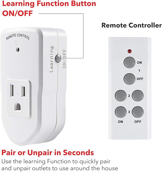 BN-LINK Wireless Remote Control Outlet Electrical Switch for Lights, Fans, Christmas Lights, Small Appliance, 100ft Long Range White 10A/1200W, 1 Remote + 1 Outlet, ETL & FCC Certified