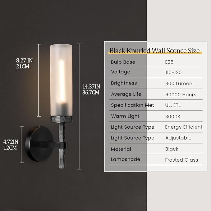 Bblack Knurled Wall Sconce 15", Bathroom Wall Sconce Set of Two,Glass Tube Brass Sconces Wall Lighting,Bathroom Sconces Side of Mirror,Vanity Sconce Lights for Bath