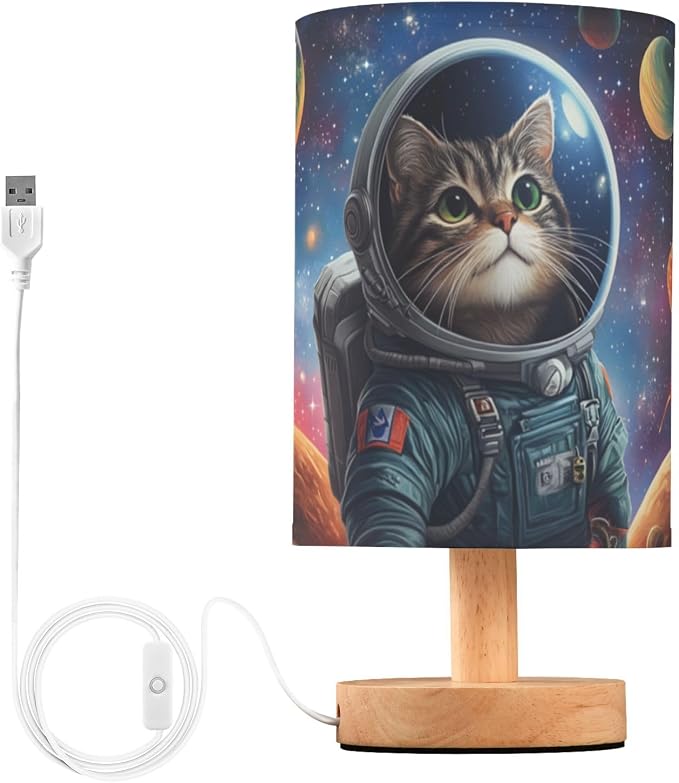 Fustylead Outer Space Themed Astronaut Cat Bedside Table Lamps with USB Port for Bedroom LampSmall Nightstand Lamp Sturdy Linen Shade Wooden Base Decorative Lamps for Nursery Kids Reading Dorm Home