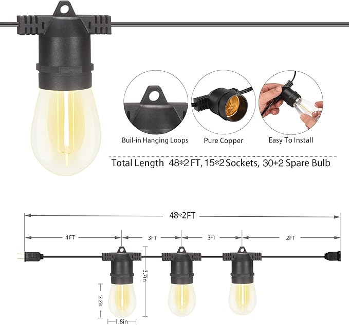 96FT LED Outdoor String Lights with Dimmer & Timer, Shatterproof IP65 Waterproof Patio Lights for Christmas, Party, Wedding Decoration