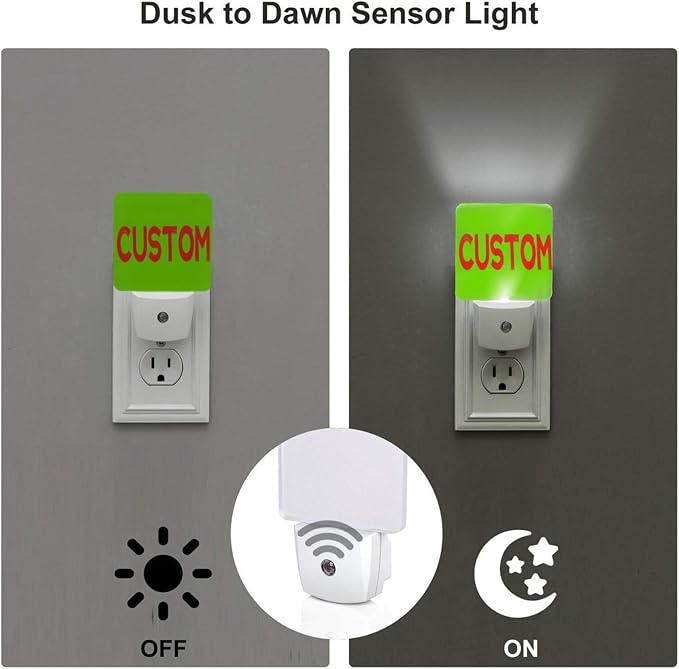 Personalized LED Plug-in Night Light 2-Pack with Pictures Text Logo, Custom Photo Auto Sensor Nightlights Set of 2 for Bedroom Bathroom Hallway Decor Gifts