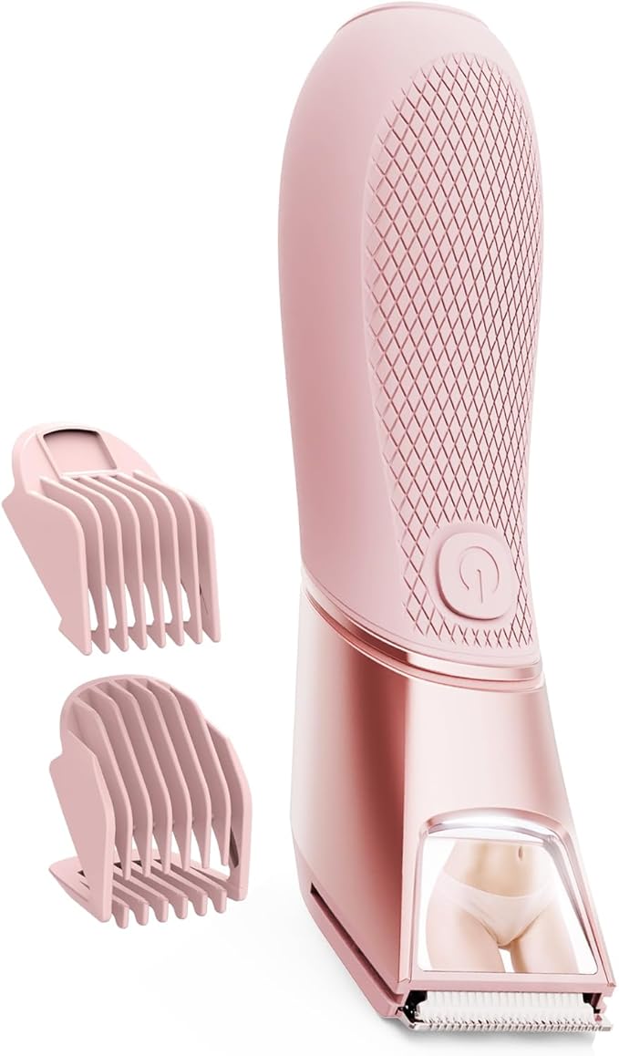 Rechargeable Bikini Trimmer for Women: Pubic Hair Razor with Mirror & LED Light - IPX7 Waterproof Electric Shaver, Travel Lock & Ceramic Blades for Legs Underarm - Punch Pink