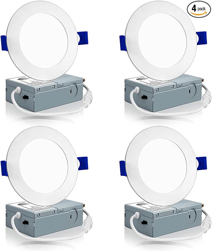 Meconard 4 Pack 4 Inch LED Recessed Ceiling Light with Junction Box, 3000K/4000K/5000K Selectable, 9W=75W 750LM, Dimmable Canless Downlights, ETL and Energy Star Listed