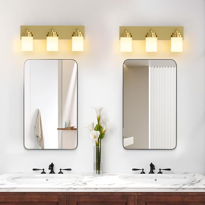 IZORRO Bathroom Vanity Light Fixture, 3-Light 22 Inch Gold Bathroom Light Fixtures Over Mirror, with White Glass Shade, Modern Farmhouse Vanity Lights, Rustic Restroom Lighting Fixtures