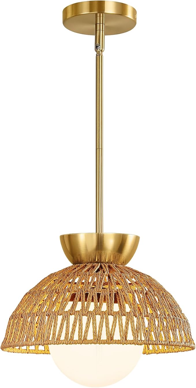 AIJIASI Rattan Pendant Light, 11.8" Hand Woven Boho Pendant Light Fixture with Milk Glass Globe, Gold Kitchen Pendant Lighting Over Island Adjustable Chandelier for Dining Room Hallway Foyer