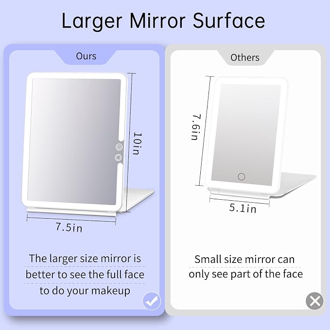 FUNTOUCH 2500mAh Rechargeable Large Travel Makeup Mirror with Lights | 10x7.5 Portable Lighted Makeup Mirror with 3 Color Lights, Dimming Folding Light Up Travel Mirrors with 10X Magnifying Mirror