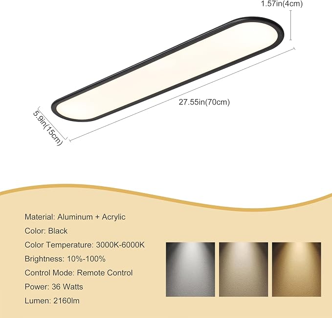 27.6-Inch Dimmable LED Linear Ceiling Light, 36W Low Profile Black | Ultra-Thin 1.38-Inch Fixture with Remote, 3000K-6500K, 10%-100% Brightness for Kitchen, Bedroom, Closet, Hallway and Study