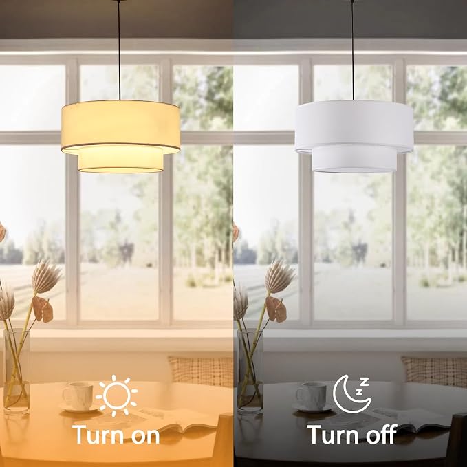 Drum Pendant Light, 18" Drum Chandelier with 2-Tier Lampshade | 3 Light Linen Pendant Light Fixture, White Lampshade, Modern Drum Light for Dining Room, Living Room, Bedroom, Kitchen