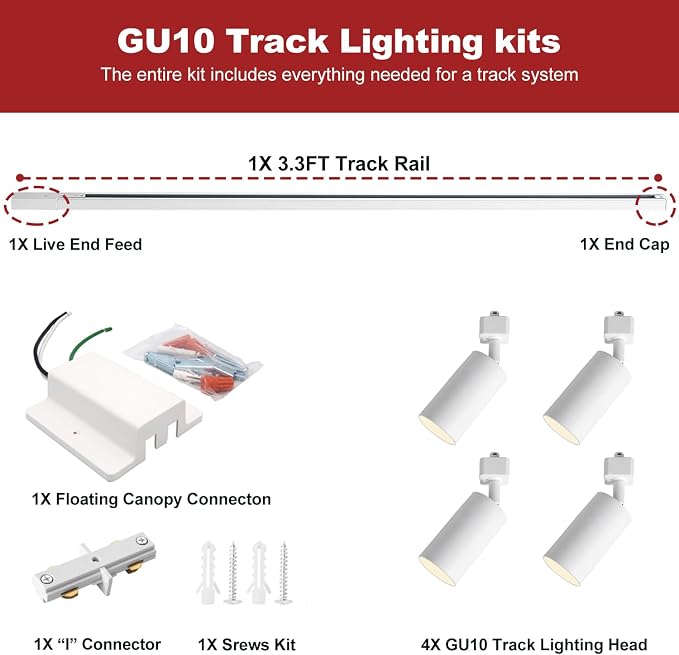 4-Light LED Track Lighting Kit with 3.3FT H Type Track Lighting Rails and Floating Canopy Connector, Modern Kitchen GU10 Track Lighting Fixtures Ceiling Spot Light, White (No Bulbs)