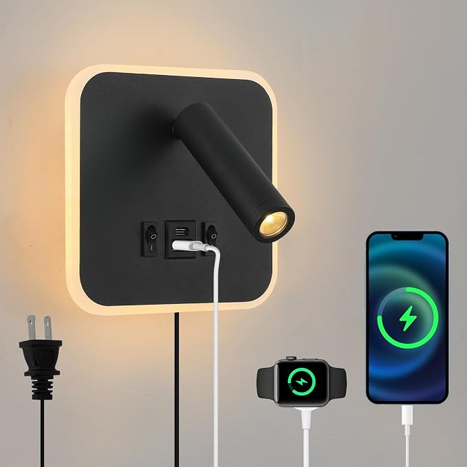 LED Wall Sconce Plug in With Wall Mounted Reading Lights,Modern Black Wall Lamp for Bedroom With Charging Station USB C+A Ports,Headboard Bedside Lamp for Living Room With 3W+9W Night Light
