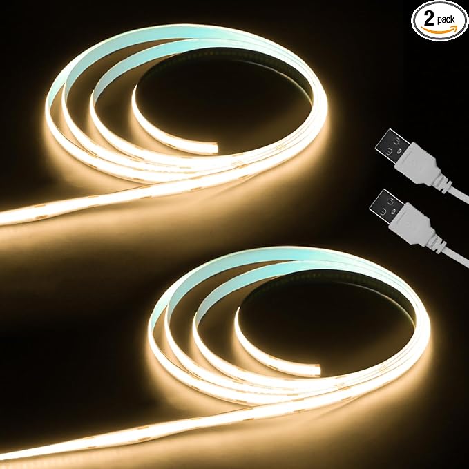 Aclorol 3FT Small LED Light Strip 2 Pack Warm White 3000K 5V COB LED Strip | with 3ft USB Powered for TV Backlight, 8mm Width Tape Lights with Self-Adhesive, for Bedroom Kitchen Sideboard Lighting