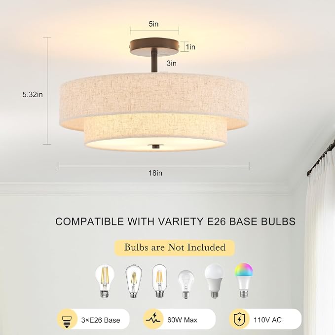 Modern Semi Flush Mount Ceiling Light 18" Modern 3-Lights Black Drum Ceiling Lighting Fixture with Linen Shade Vintage Ceiling Lamp for Kitchen, Basement, Laundry Room, Bedroom