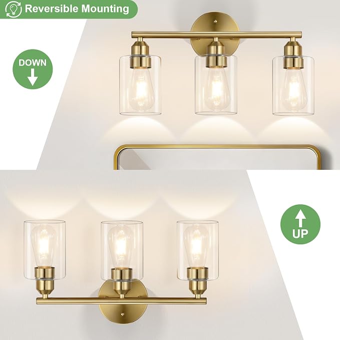 3-Light Bathroom Gold Vanity Light Fixtures,17.3'' | Clear Glass Shade,Modern Wall Lamp for Mirror