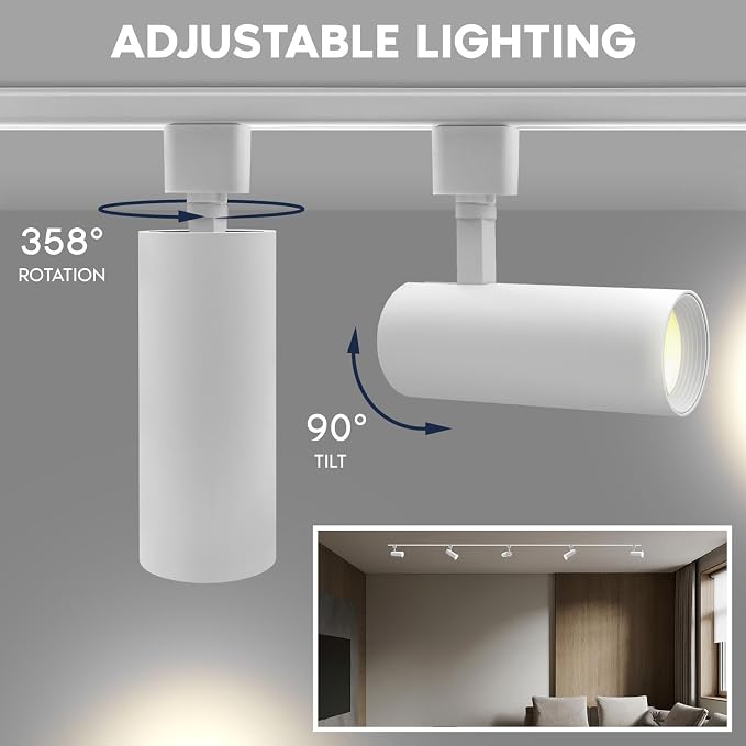 LUXRITE 2.5 Inch LED H-Track Lighting Heads, 5CCT, Round White (4 Pack) | 2700K/3000K/3500K/4000K/5000K, CRI90, 20W, 1500LM, Adjustable 358° + 90° Tilt, H Type Track Light Head, Dimmable, ETL Listed