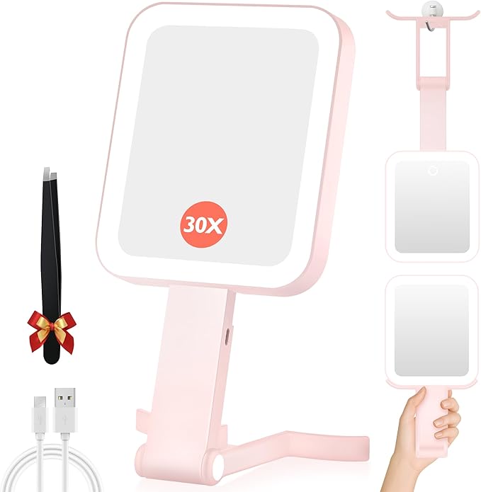 Magnifying Travel Mirror with Light, 30X/1X Double-Sided Magnifying Mirror with 3 Color Lights, Brightness Adjustable,Foldable Handheld Makeup Mirrors Portable for Travel and Desktop Use, Pink