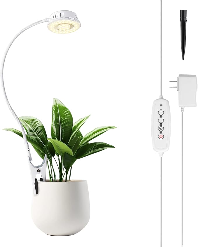 LORDEM Grow Lights for Indoor Plants, Clip-on Gooseneck Plant Lights for Indoor Growing，Full Spectrum LED Plant Light with 5 Dimming Levels,Auto On/Off Timer (6/8/12/16 Hrs),White,1 Pack