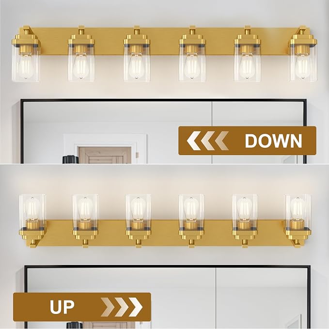 Brushed Gold Bathroom Light Fixtures, 6 Lights Bathroom Lighting Fixtures Over Mirror, Square Design & Rectangle Large Backplate, Modern Vanity Lighting Fixtures, for Living Room/Bedroom