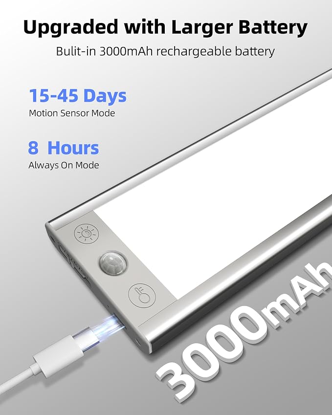 EZVALO 3000mAh Under Cabinet Lights,150LM Motion Sensor Light Indoor 3 Color Temps, Rechargeable 3 inch Wide Body Closet Light Dimmable, Wireless Under Counter Lights for Kitchen 8 inch