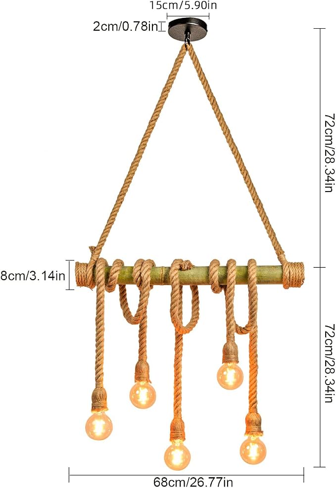 Arturesthome 5 Heads Vintage Bamboo Chandeliers Hemp Rope Pendant Light Fixture, Unique Rustic Industrial Hanging Lamp for Bedroom Restaurant Cafe Bar Decoration