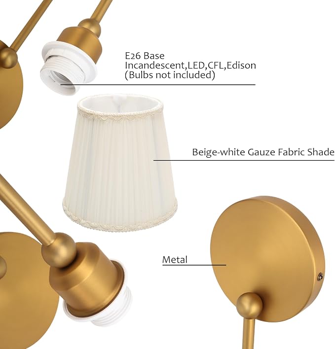 Vintage Set of 2 Fabric Wall Sconce Beige-White Gauze Cloth Shade, Hardwired Curved Arm Bathroom Vanity Lights, Indoor Wall Decor Lamp for Living Room, Kitchen, Bedroom, Foyer
