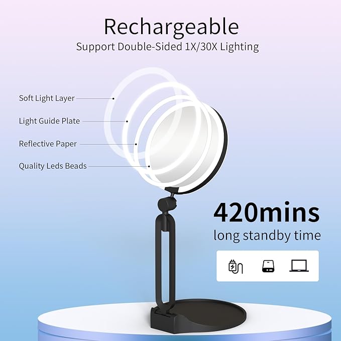 Magnifying Mirror with Light 40X/1X, Double Sided Travel Makeup Mirror with Lights and Magnification, 3 Colors Dimming Lighting, Rechargeable Large Size of 6inch, Foldable Design, 360°Angle Adjustable