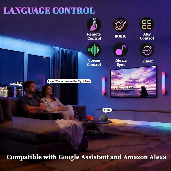 2PCS RGB LED Light Bars, Smart WiFi TV Backlight with Music Sync | Scene Modes, Compatible with Alexa & Google Assistant, Color Changing Lights for Bedroom Gaming Room