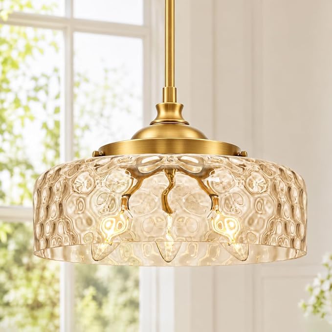 Gold 3-light Pendant Lights Kitchen Island with Hammered Glass over Sink | Height adjustable hanging light fixture kitchen, 90-degree swivel, 2-in-1 ceiling light and pendant light, E12 base,3 light